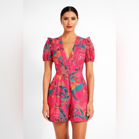 BEULAH Bright Pink Floral Tropical Macaw puff sleeve Romper Button Down Ruffle - Picture 1 of 13